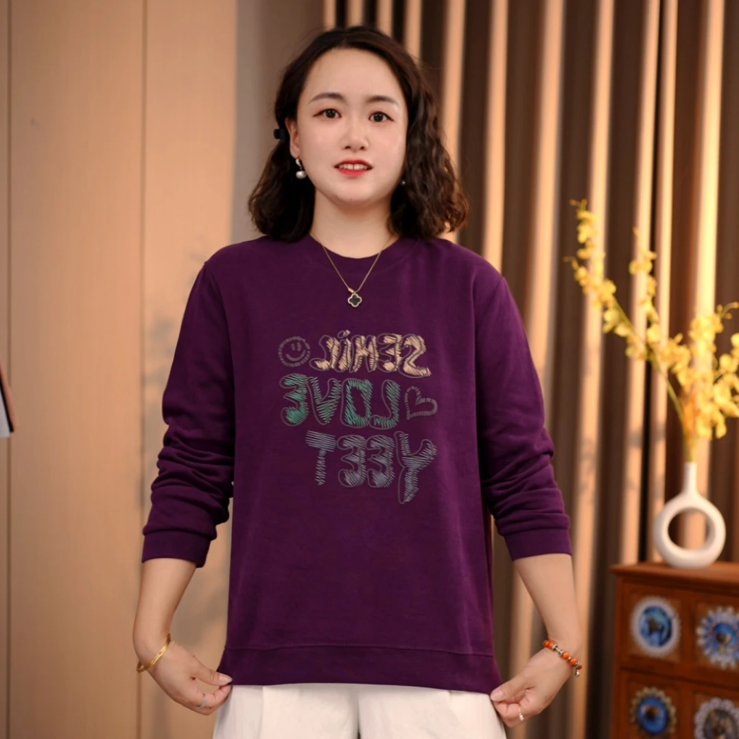 25秋季新款宽松圆领开叉正肩妈妈装单穿打底休闲时尚百搭薄款卫衣