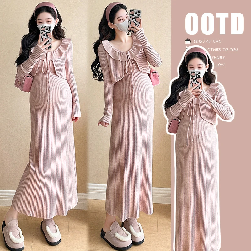 孕妇装早春新款温柔气质显瘦木耳边绑绳开衫+吊带裙两件套孕妇装