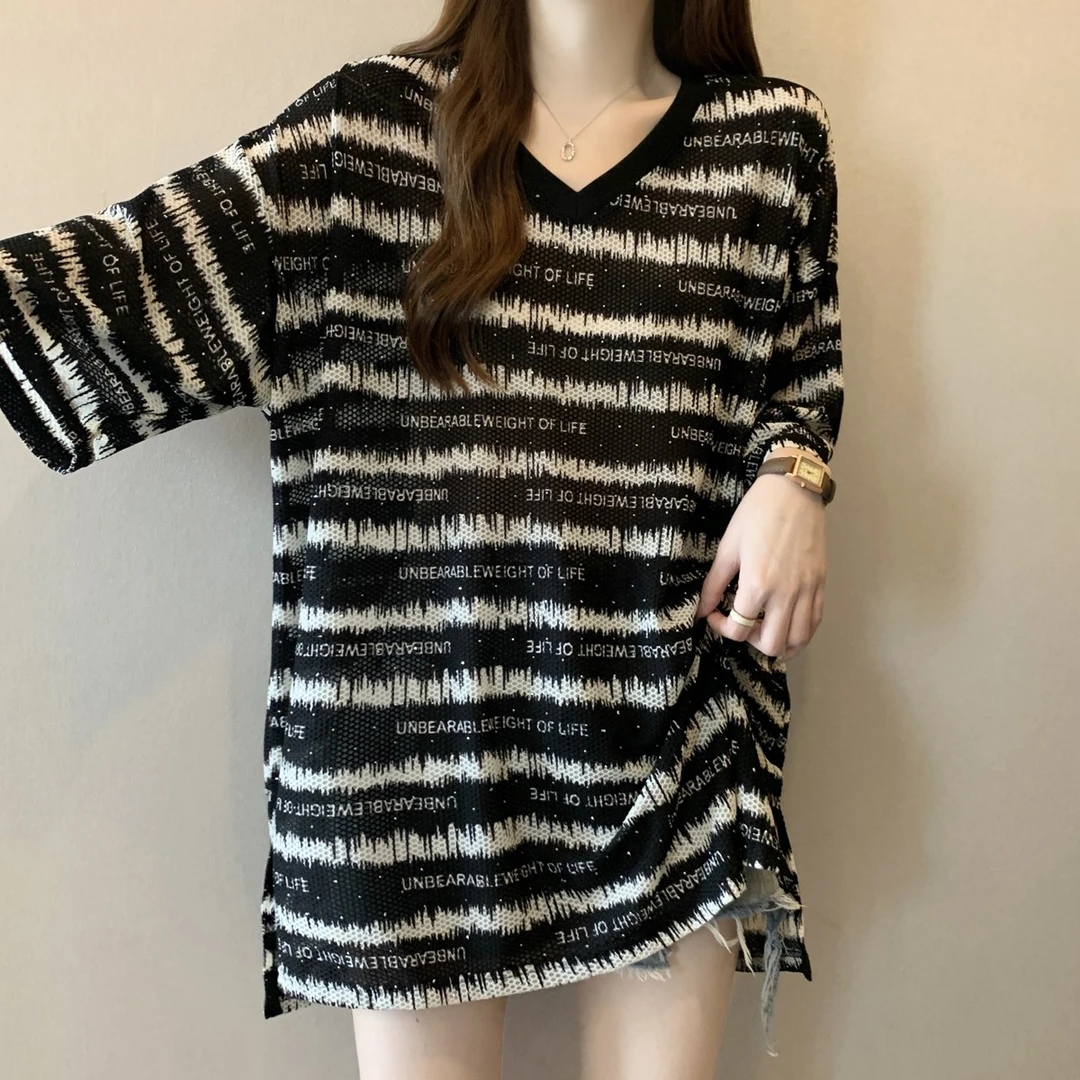 欧货大码宽松冰丝字母短袖体恤女2025年夏新款显瘦中长款洋气上衣