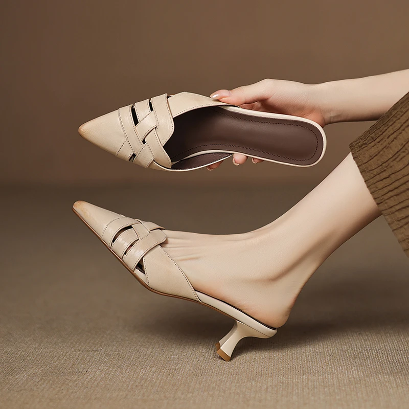 5cm编织包头半拖鞋细跟真皮尖头高跟凉鞋夏新款尖头懒人凉拖外穿