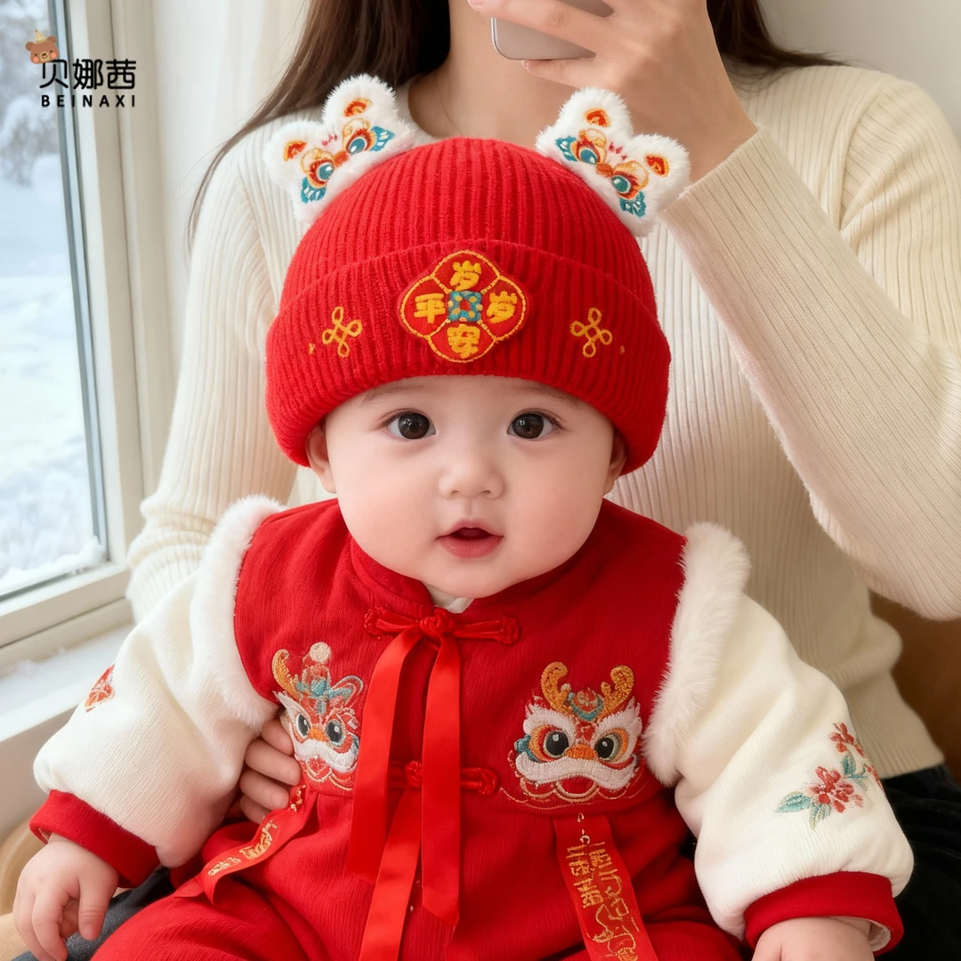 Beinaqian/贝娜茜婴儿帽子秋冬宝宝男红色周岁喜庆毛线帽过年冬天