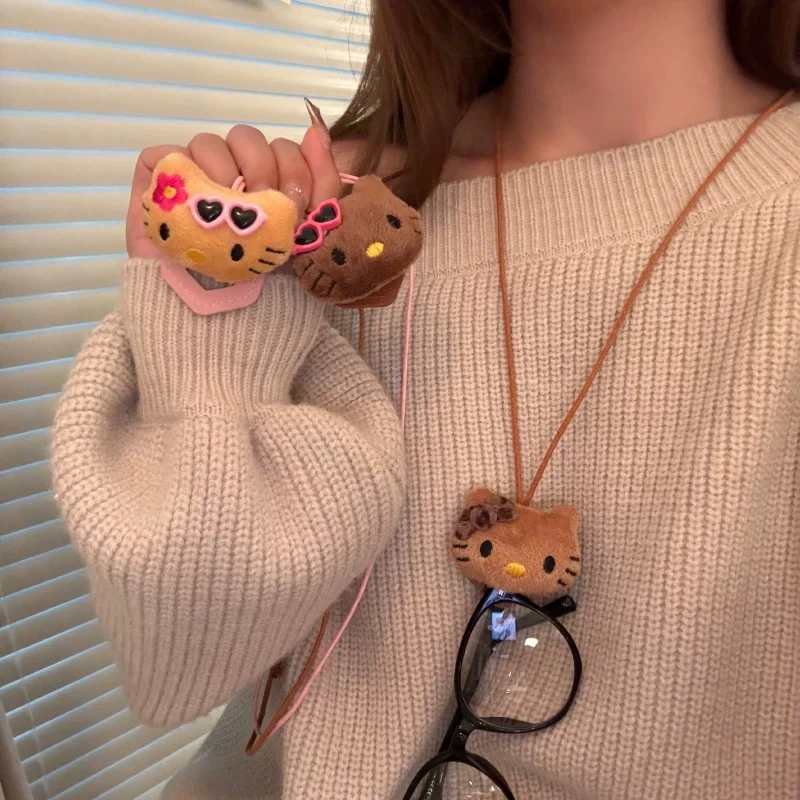 非金属布艺项链 梅姐饰品92 可爱kitty猫眼镜收纳挂绳项链女