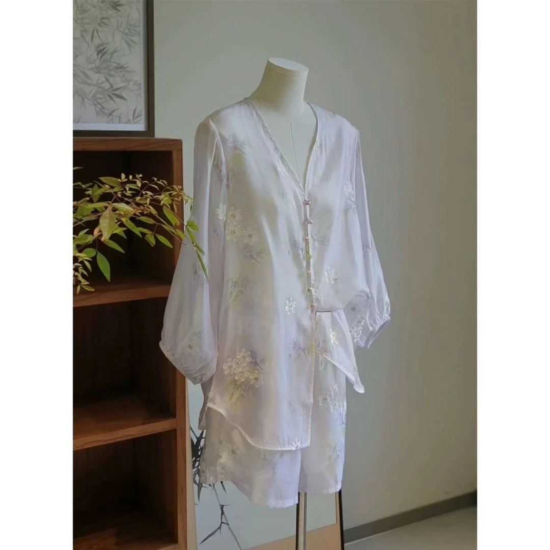 604【Y I汉白玉紫】 宽松慵懒刺绣中式女士衬衫短裤-RY2530523