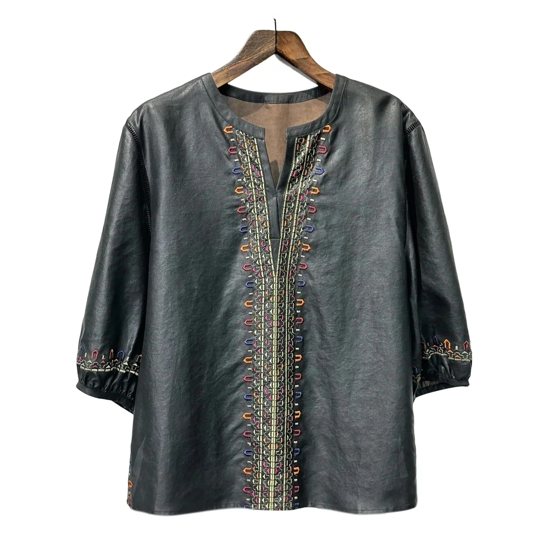 宫丽新款香云纱桑蚕丝黑泥女士夏季黑色上衣YF43