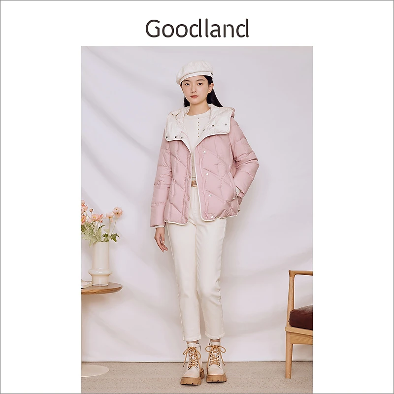 Goodland美地女装冬季保暖连帽短款衍缝粉色羽绒服