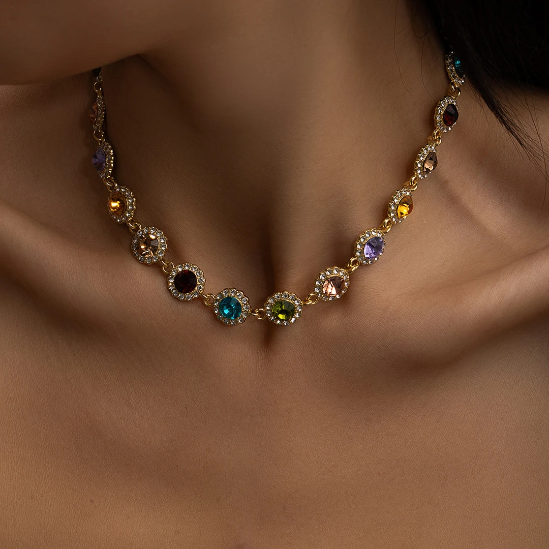 锌合金合成锆石项链 复古轻奢风水滴锁骨链小众个性气质蓝色时尚