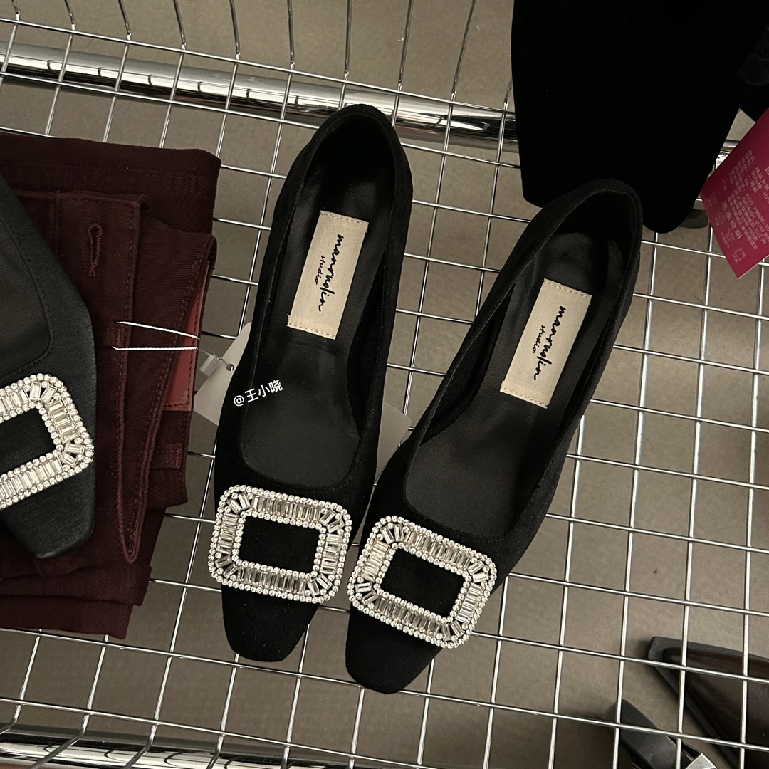 法式水钻浅口单鞋2025新款春季粗跟瓢鞋平底玛丽珍鞋配裙子晚晚鞋