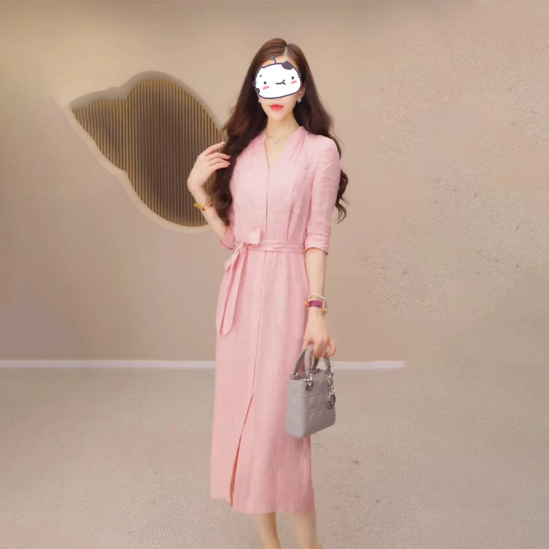 高级感气质V领苎麻凉快长裙子女2025夏季新款宽松系带显瘦连衣裙