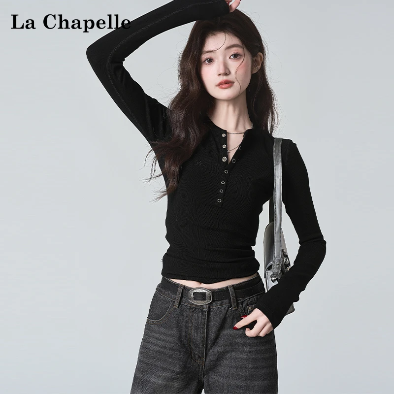 拉夏贝尔美式辣妹亨利领长袖t恤女春秋新款收腰紧身内搭打底上衣