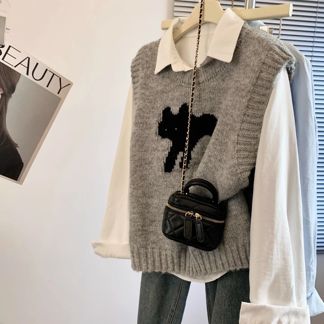 洋气减龄外穿猫咪提花针织马甲女2025新款春秋复古慵懒风软糯背心