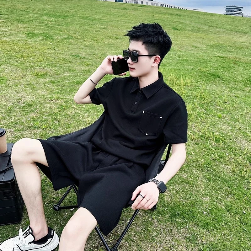 痞帅男士休闲运动套装夏季薄款翻领短袖宽松搭配一套男装无标polo
