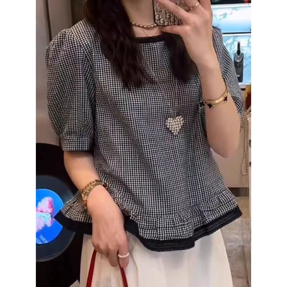 法式格子短袖衬衫女2025夏季新款宽松显瘦小个子上衣时尚洋气小衫