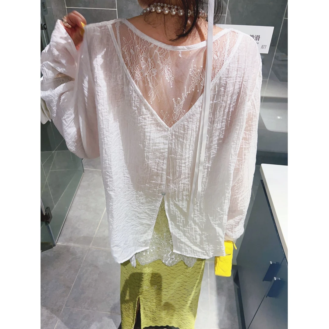定制拼接蕾丝假两件大版衫女夏季新品气质宽松显瘦设计感防晒罩衫