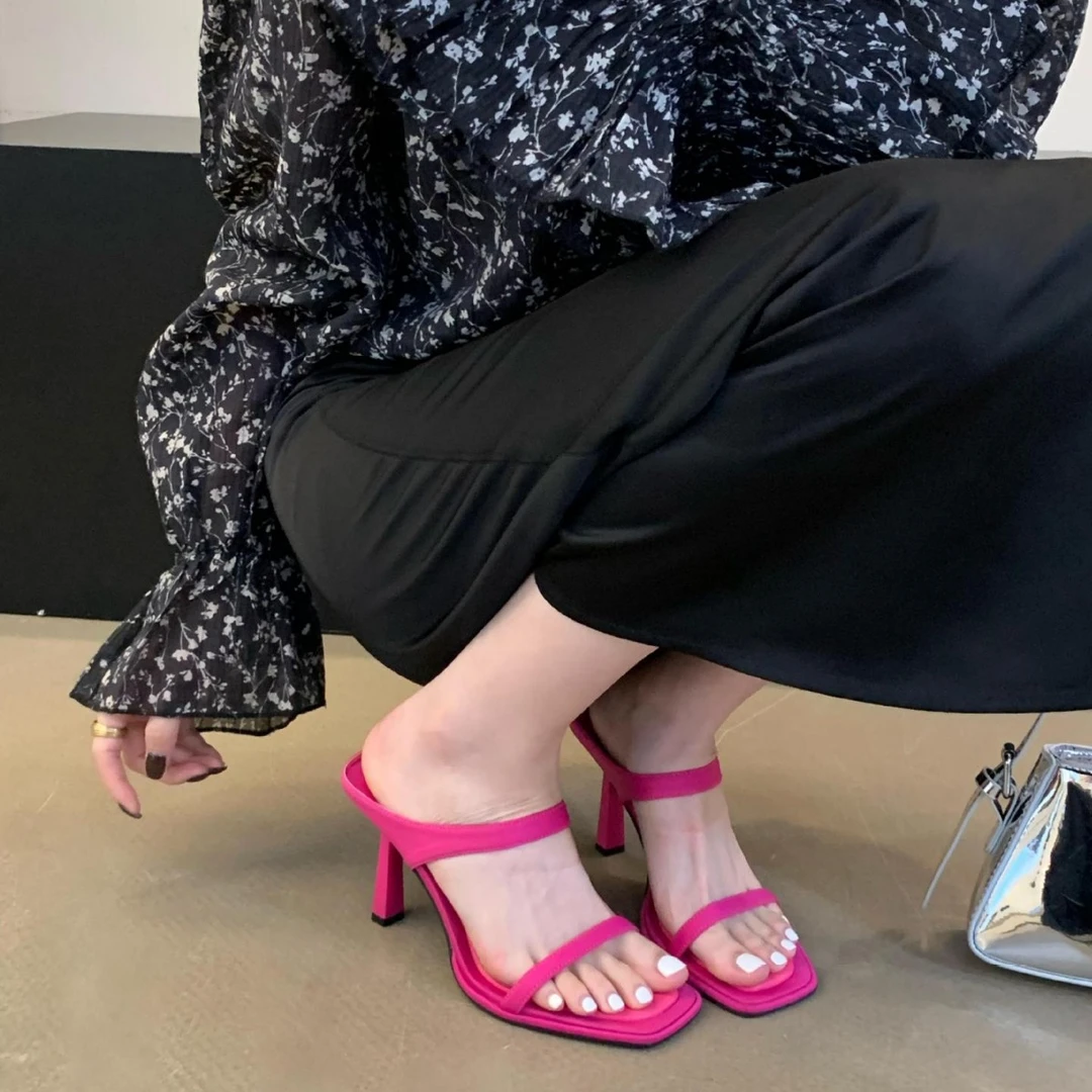 轻奢凉拖鞋方头仙女鞋子年新款夏季外穿气质黑色高跟凉鞋半拖单鞋