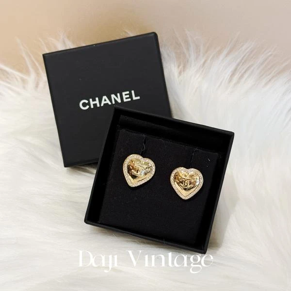 大吉中古/Chanel香奈儿爱心双c金色镶钻耳钉