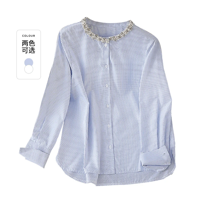 【品牌奥莱】她池夏季钉珠条纹衬衫显瘦圆领款长袖上衣T51B0374C
