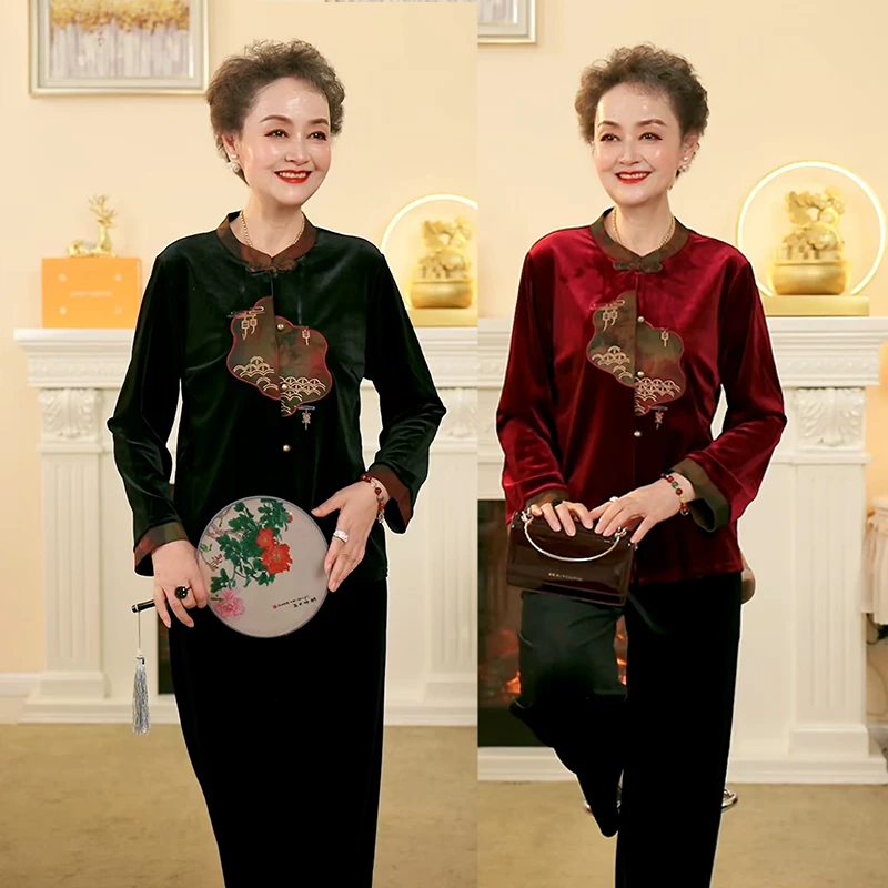 秋装圆领刺绣金丝绒外套春秋新款高贵百搭中年女装气质妈妈装衬衫