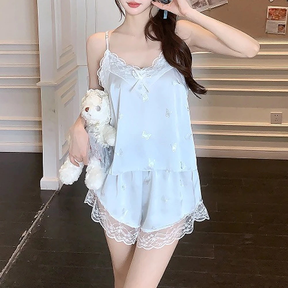 【菲亚】新中式夏季吊带短裤两件套烫银蝴蝶睡衣纯欲家居服