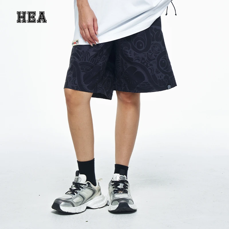 HEA经典暗纹满印醒狮国潮新款短裤运动休闲通勤透气五分裤