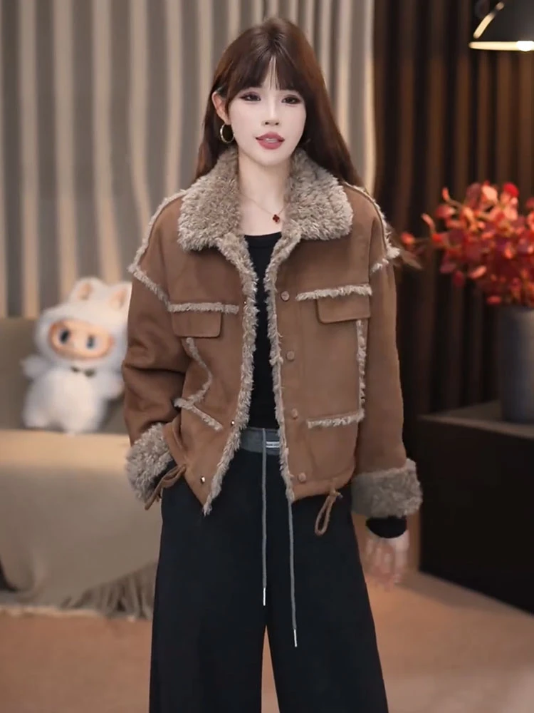 时尚加绒加厚短款外套女士冬季新款洋气翻领保暖皮毛一体夹克上衣