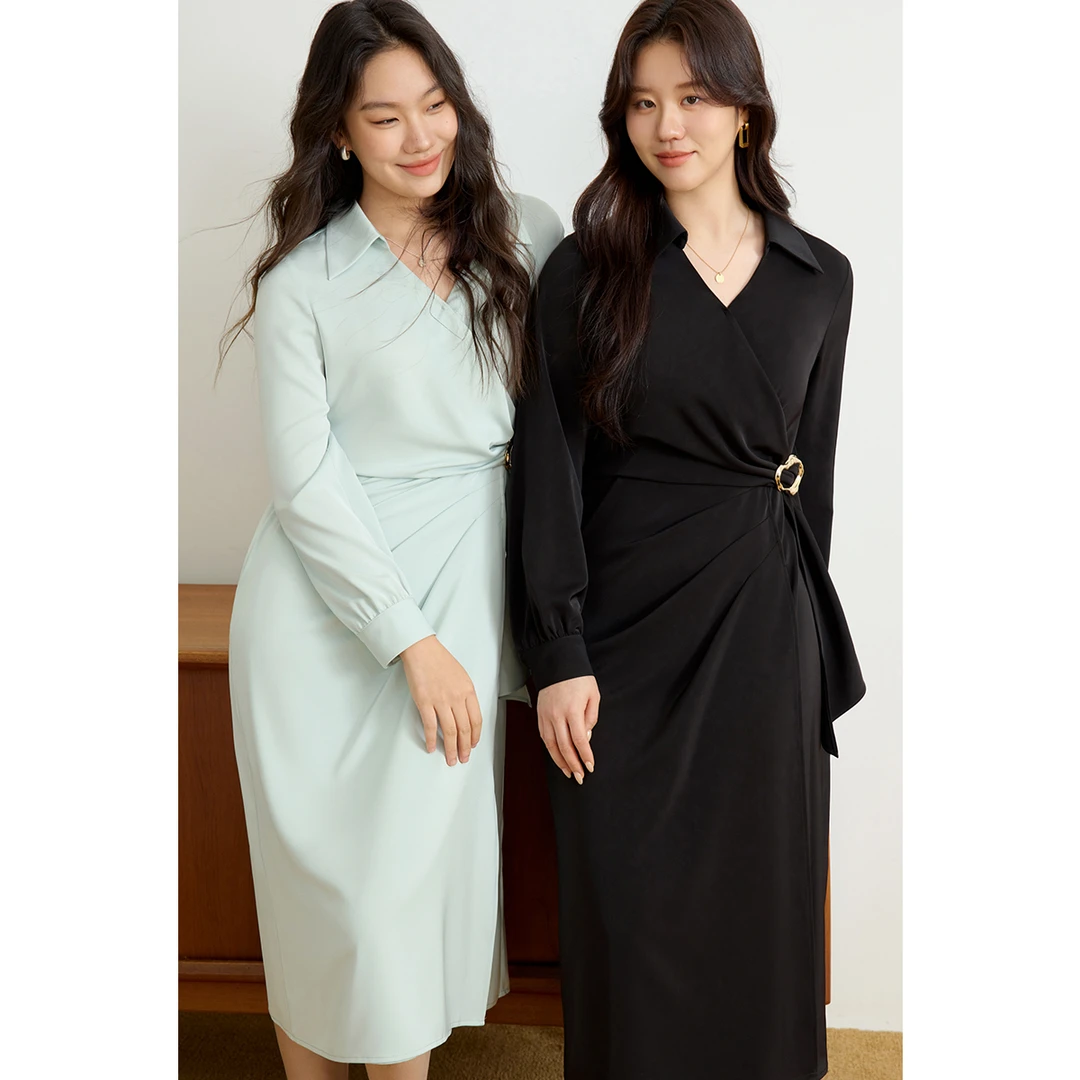 独束微胖大码女装通勤气质金属腰袢连衣裙时尚长裙25DS81126