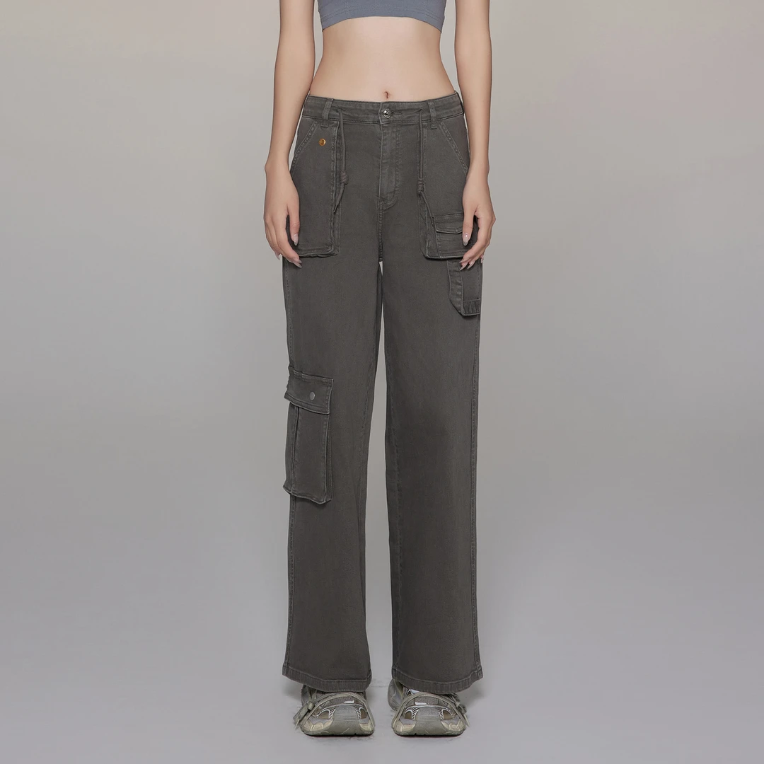 Liuregali工装裤阔腿裤男女同款夏季薄款水泥灰弹力牛仔裤潮ins风