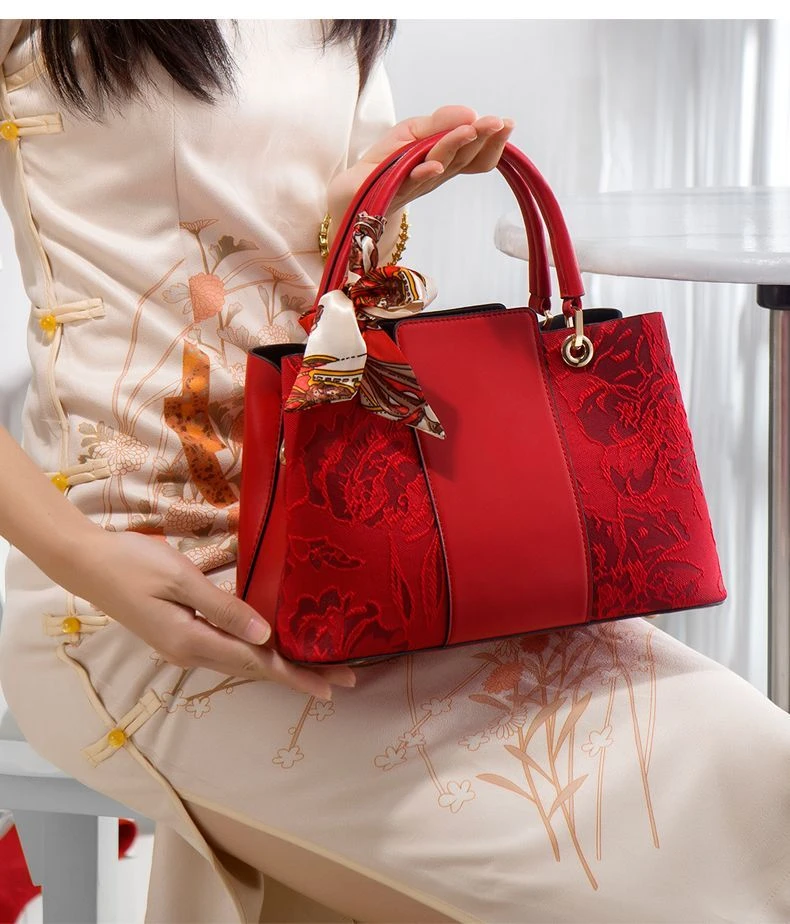 中式提花大容量手提包女国风红色新娘包妈妈婚包
