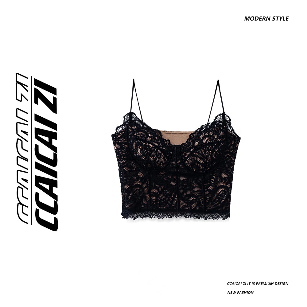 CCA131【黑晶梦境】蕾丝吊带背心小上衣 带胸垫 肩带不可调侧面拉链