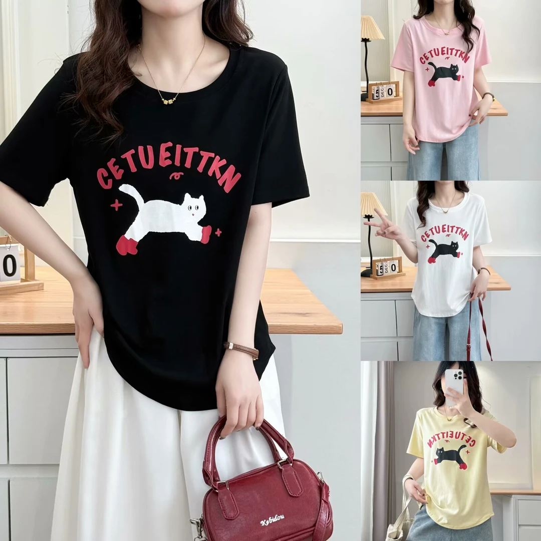 HUIZHIMEI/绘智美大码夏季新款休闲百搭圆领显瘦时尚印花短袖T恤