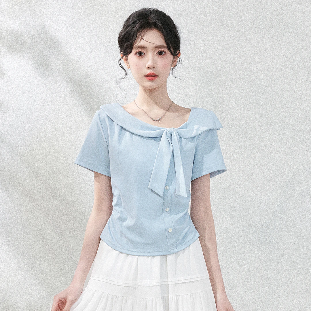 不规则蓝色短袖T恤女夏2025夏季新款法式蝴蝶结体恤别致短款上衣