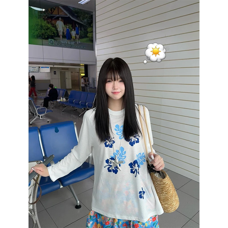 美式休闲花朵印花罩衫T恤女2025初秋慵懒风长袖防晒辣妹微透上衣