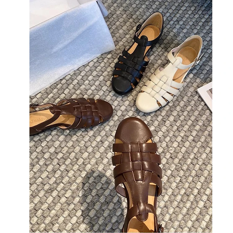 法式复古包头一字扣凉鞋女夏款镂空编织罗马鞋平底单鞋0078