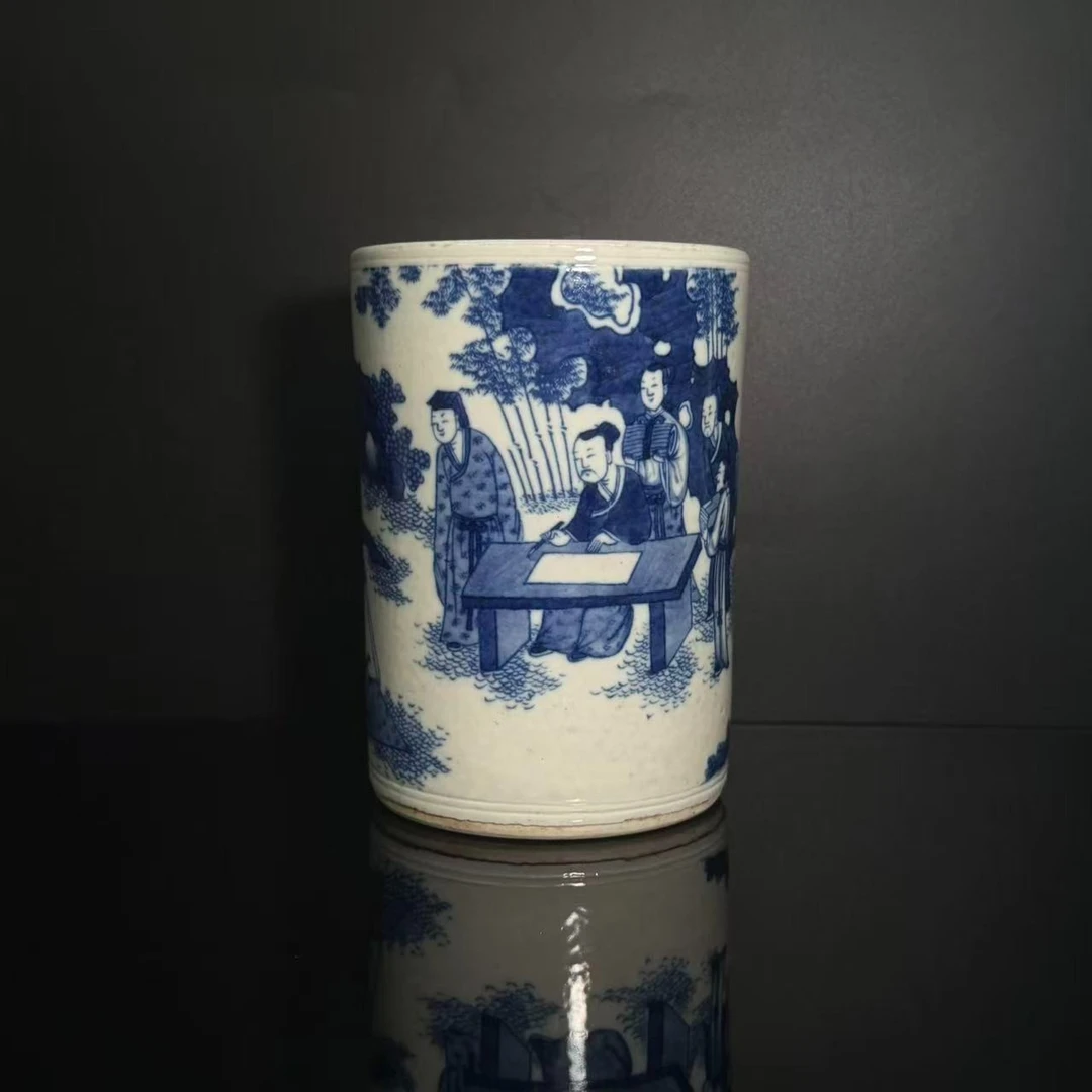 Lot4-Z-青花人物笔筒-清代年制款H16 D11-YC11120022001001