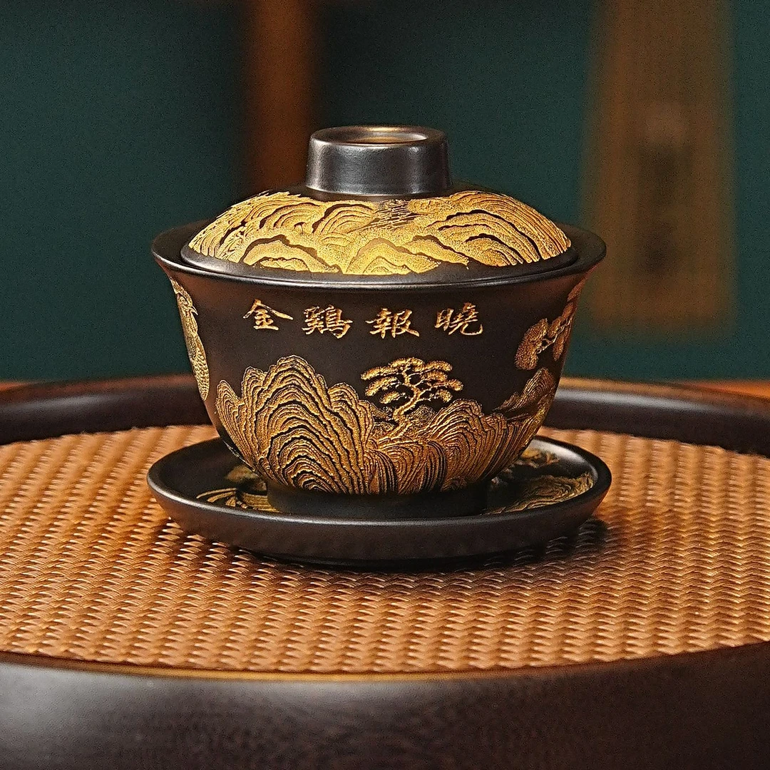 宜兴全手工紫砂茶具 原矿石黄泥料刻绘金鸡报晓盖碗品茗杯