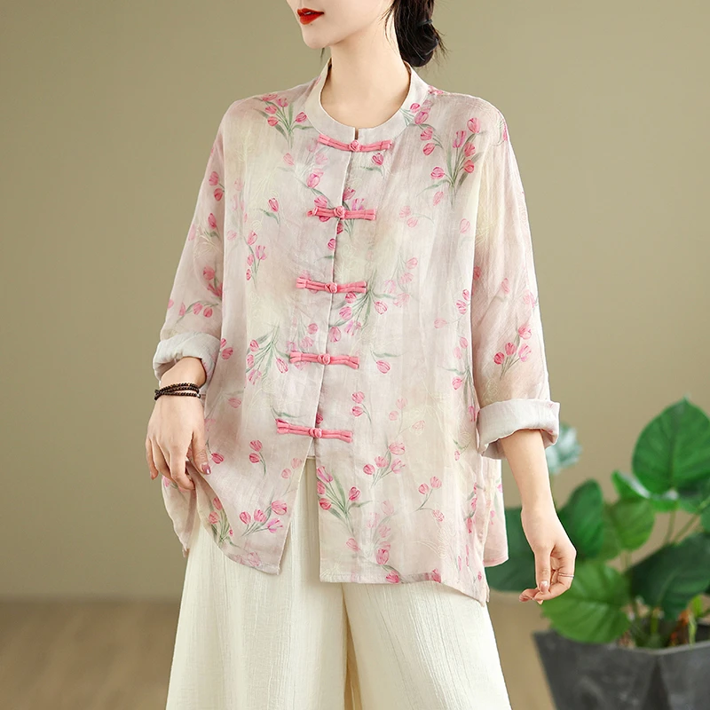 2025年春夏新款气质苎麻盘扣开衫外套防嗮百搭套装妈妈装两件套女