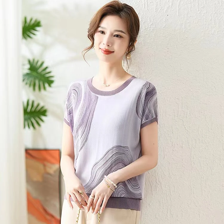 妈妈夏装冰丝小衫薄款短袖中老年女减龄上衣8633
