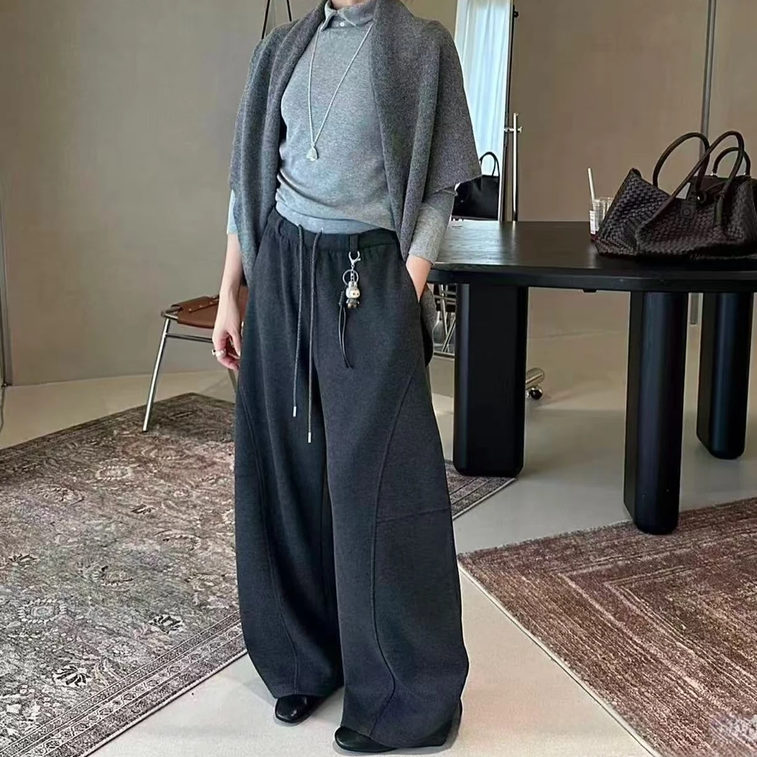 Manmi   双层拼接松紧腰毛呢弯刀裤  6299（K6↓）