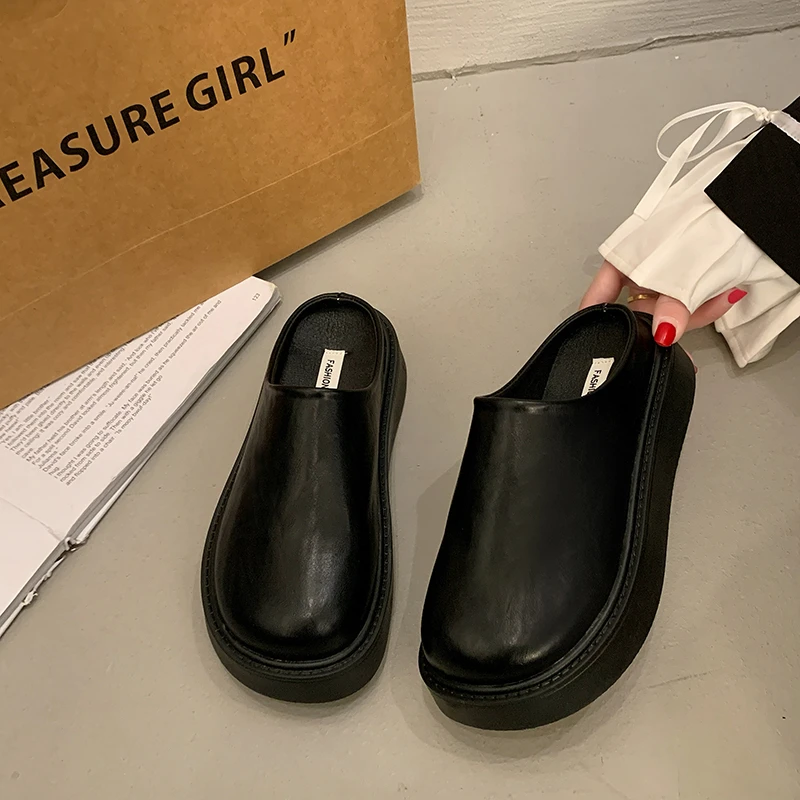松糕厚底包头半拖鞋女外穿2025春黑色防水新款一脚蹬勃肯懒人单鞋