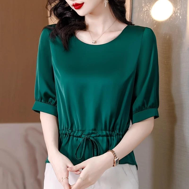 时尚圆领中袖缎面T恤女士夏装新款百搭收腰小衫显瘦洋气妈妈上衣