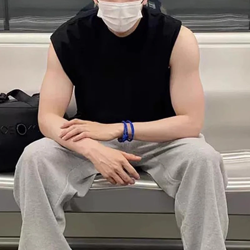 潮流简约基础款纯棉无袖t恤背心男夏季运动健身坎肩打底宽松上衣