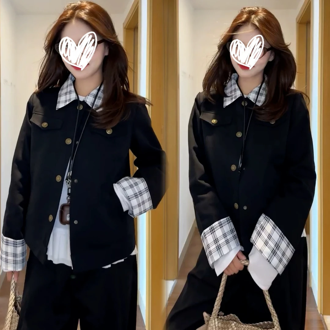 秋季新款复古格纹拼接翻领显瘦上衣高腰阔腿裤套装