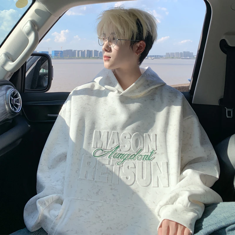 重磅美式连帽卫衣男秋季潮牌高级感宽松扎染钢印字母情侣帽衫外套