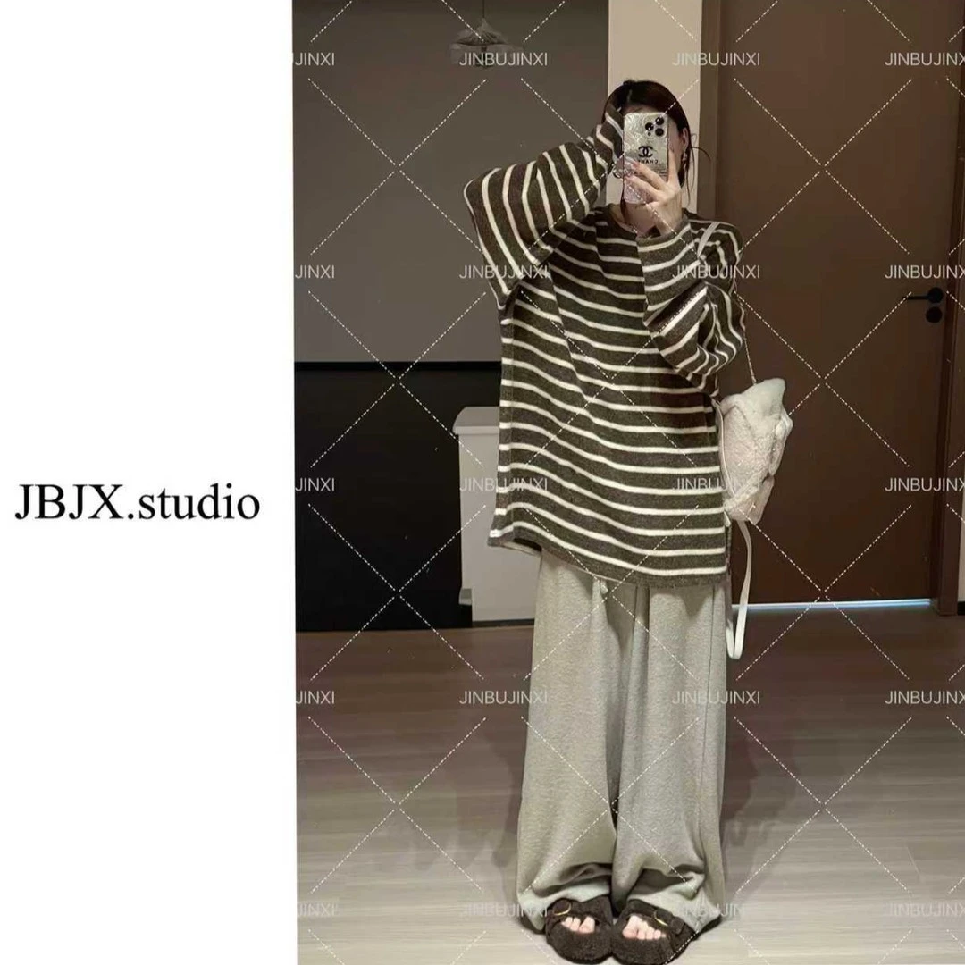 懒人条纹 糯叽叽撞色磨毛感针织圆领百搭T恤