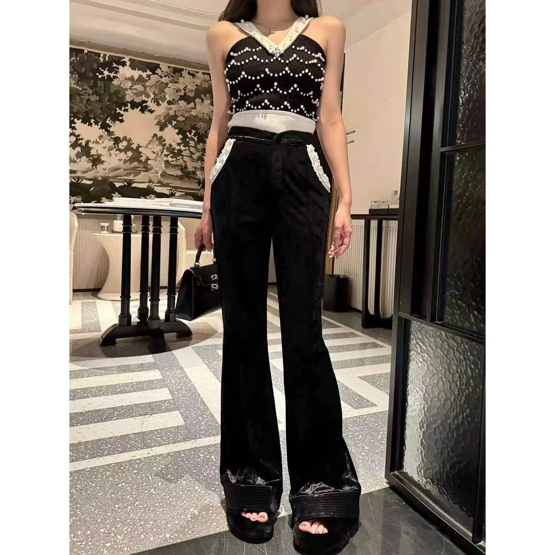 【彭彭echo专属】拉拉家春季复古撞色花边丝绒喇叭裤GFC2312257-1