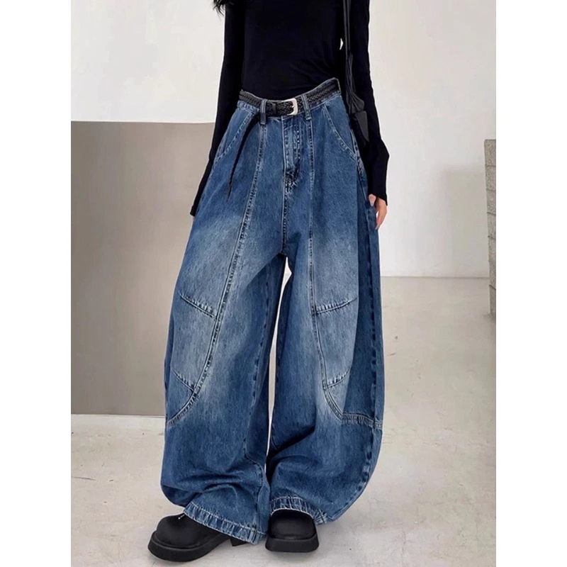 美式复古弯刀牛仔裤男女新款秋季显瘦宽松阔腿裤松弛感个性长裤潮