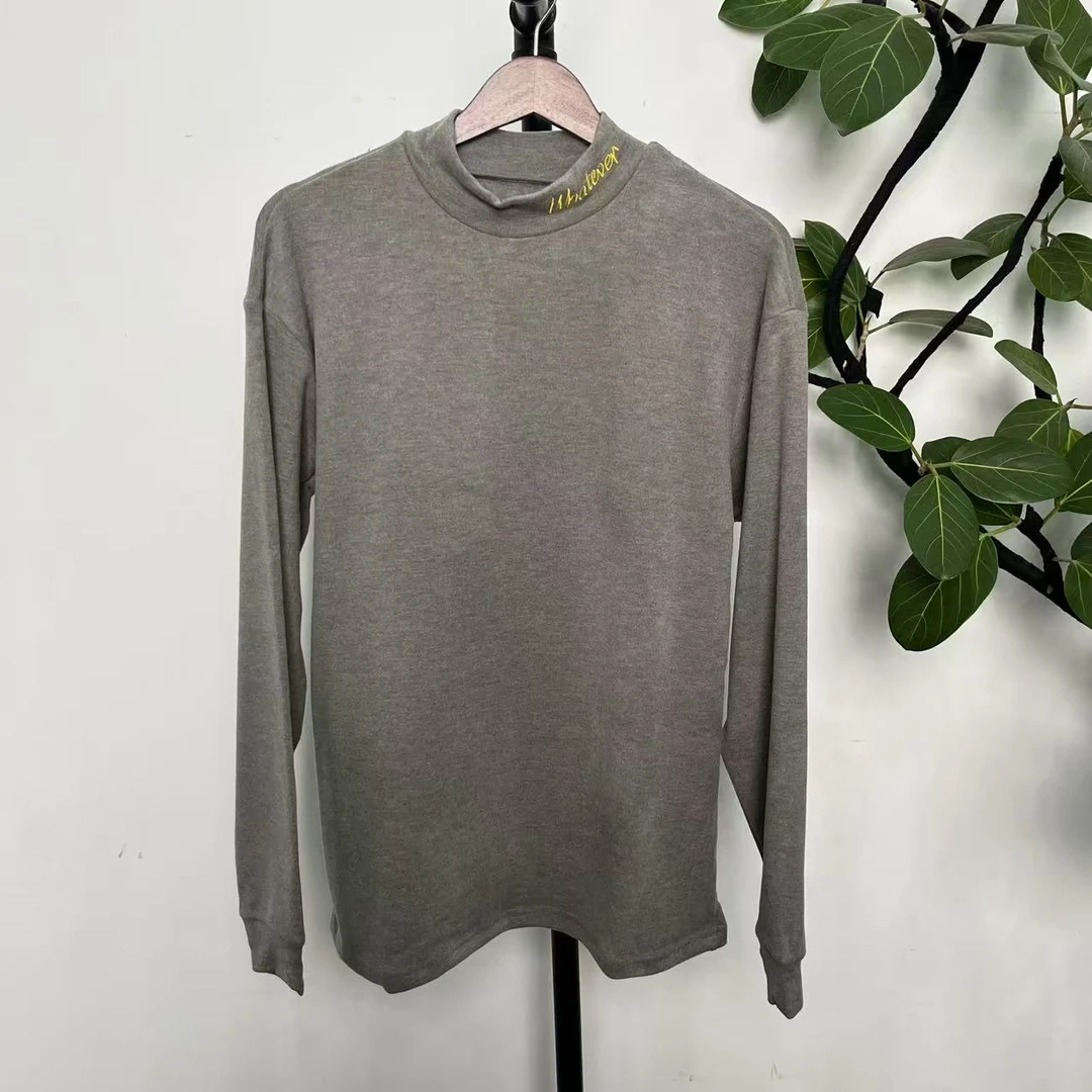 [11-2]【N】25新款潮牌男款休闲灰色半高领金线刺绣打底T E48GY