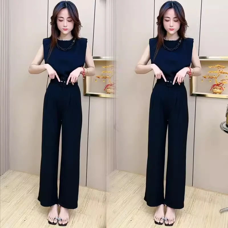 单/套装网红同款时尚女砍袖显瘦上衣气质高腰气质阔腿裤两件套潮