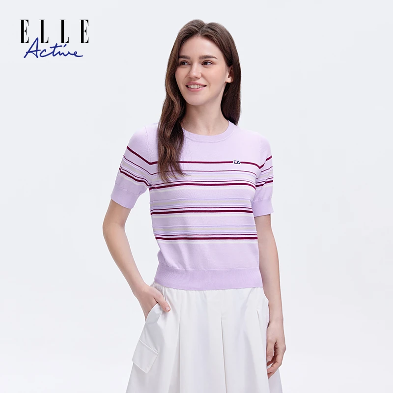 ELLE Active撞色条纹针织衫女款夏季短袖圆领T恤优雅气质显瘦上衣