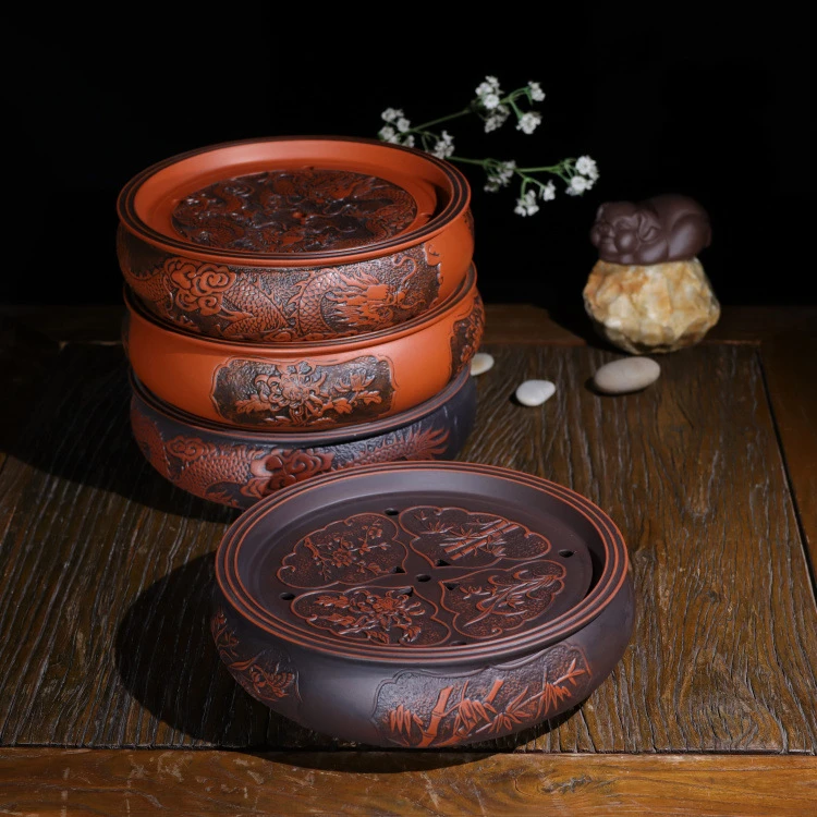 潮州功夫茶具紫砂茶盘茶海仿古浮雕龙四君子办公家用工夫茶盘茶船