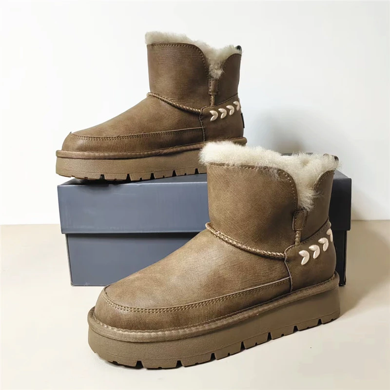 K6819牛皮！内里全羊毛！冬季防水防滑女士雪地靴加厚保暖光面棉鞋